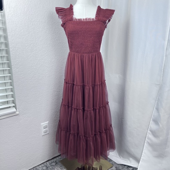 Baltic Born Dresses & Skirts - Baltic Born Emma Smocked Tulle Midi Dress Womens Medium Oxblood Formal Occasion